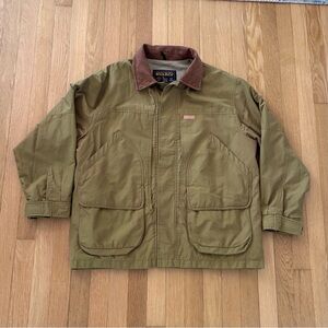 Vintage Woolrich Jacket Utility Olive Green Leather Collar Hunting 90s Mens M